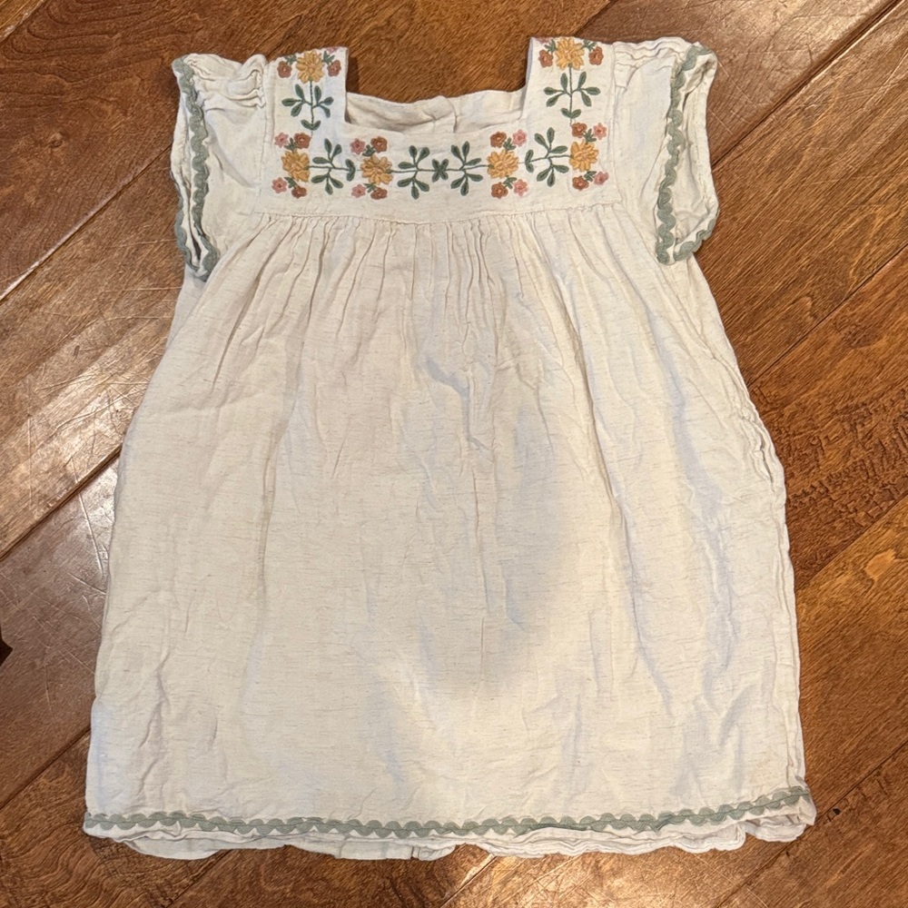 Embroidered Floral Kids Dress - Cream With Pockets!!
